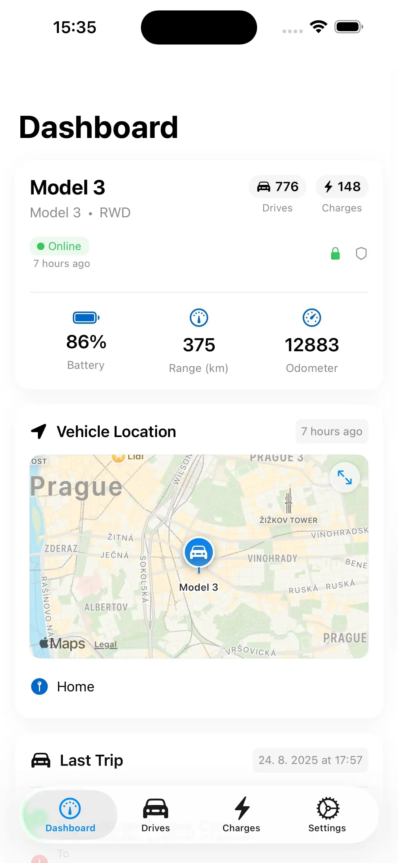 HedgieMate premium iOS app - TeslaMate dashboard with Tesla Model 3 battery analytics and location tracking