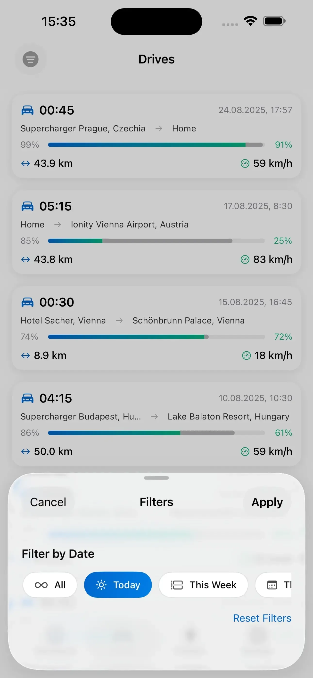 TeslaMate iOS app - Trip statistics with distance, consumption, and speed metrics
