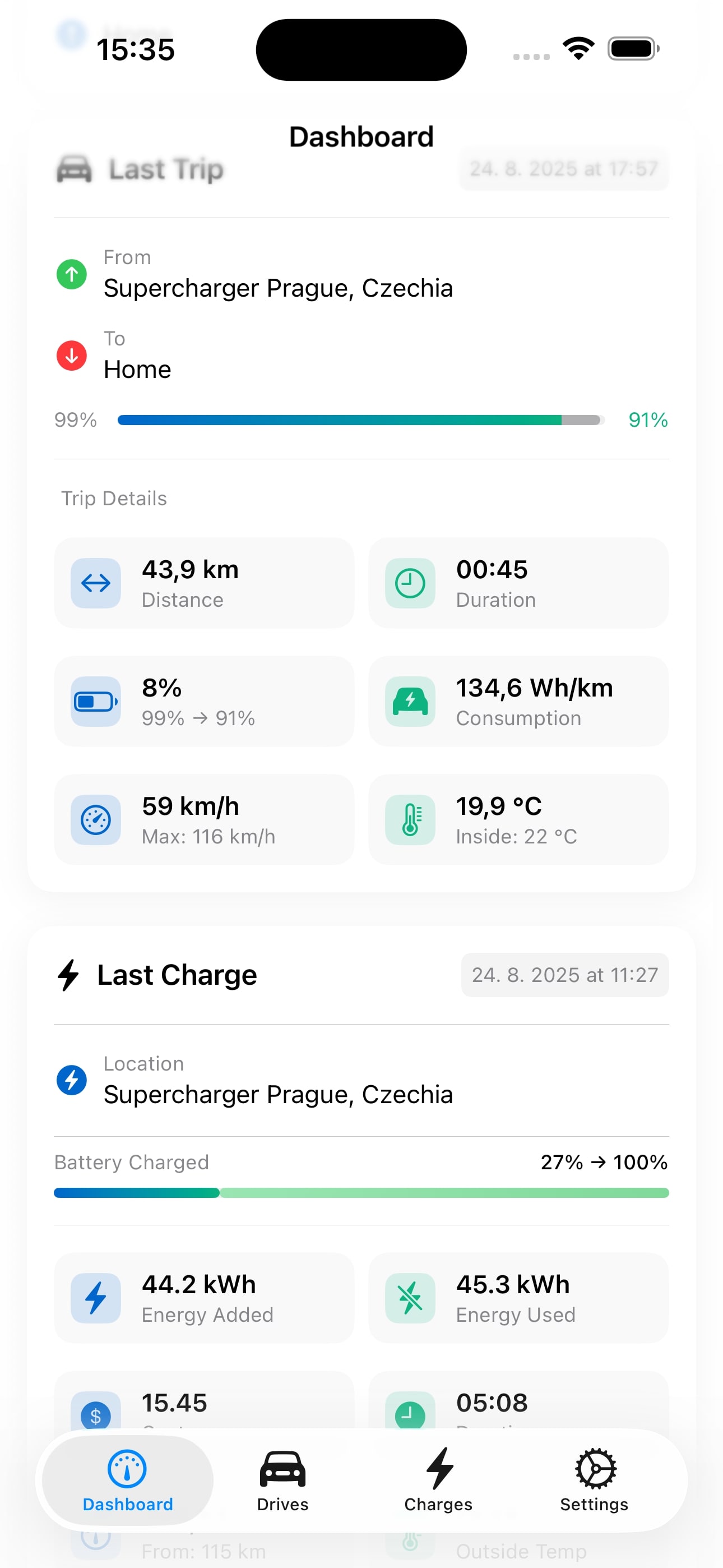Tesla driving statistics and efficiency metrics in HedgieMate app