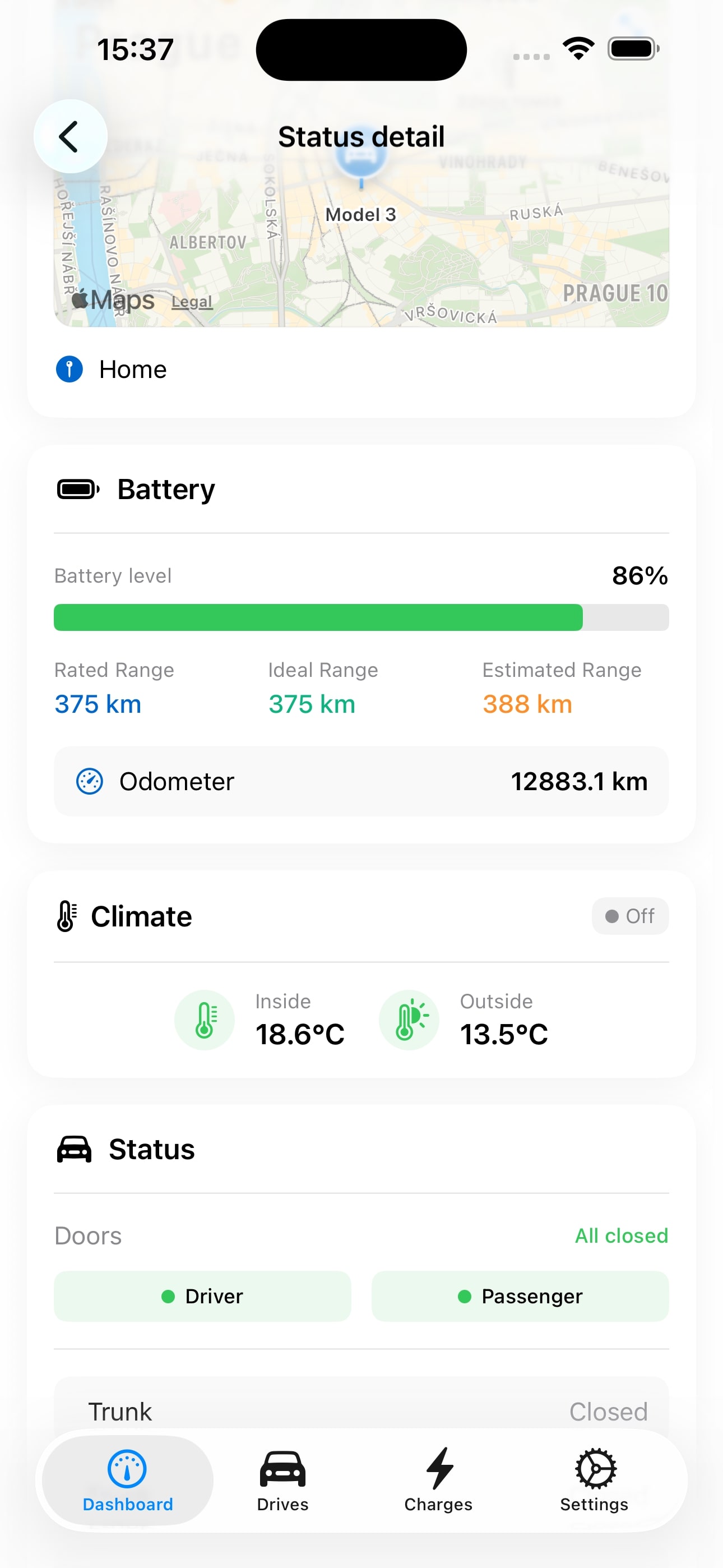 HedgieMate settings and TeslaMate API configuration screen