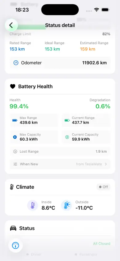 HedgieMate battery health screen showing Tesla battery degradation percentage, capacity and health status over time