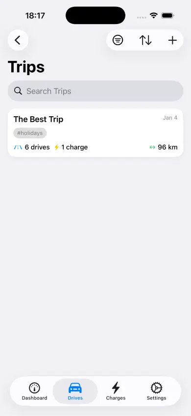 HedgieMate trips list view showing recent drives with date, distance, energy consumption and efficiency
