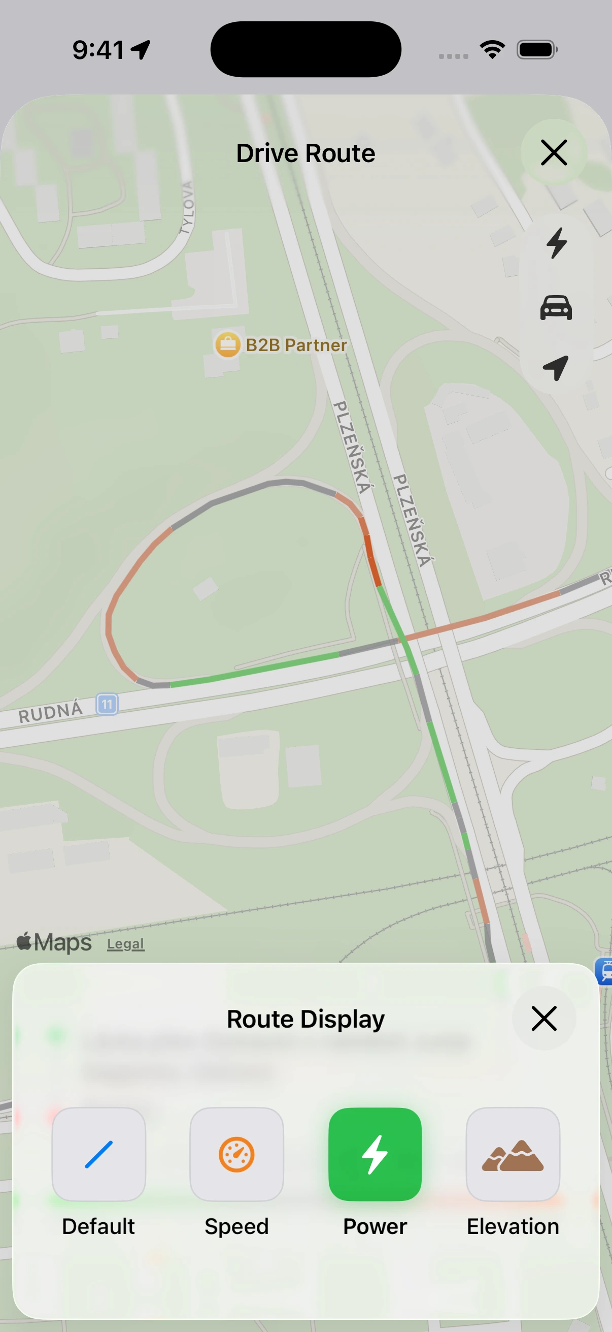 HedgieMate route visualization displaying Tesla drive colored by power consumption highlighting energy-intensive segments