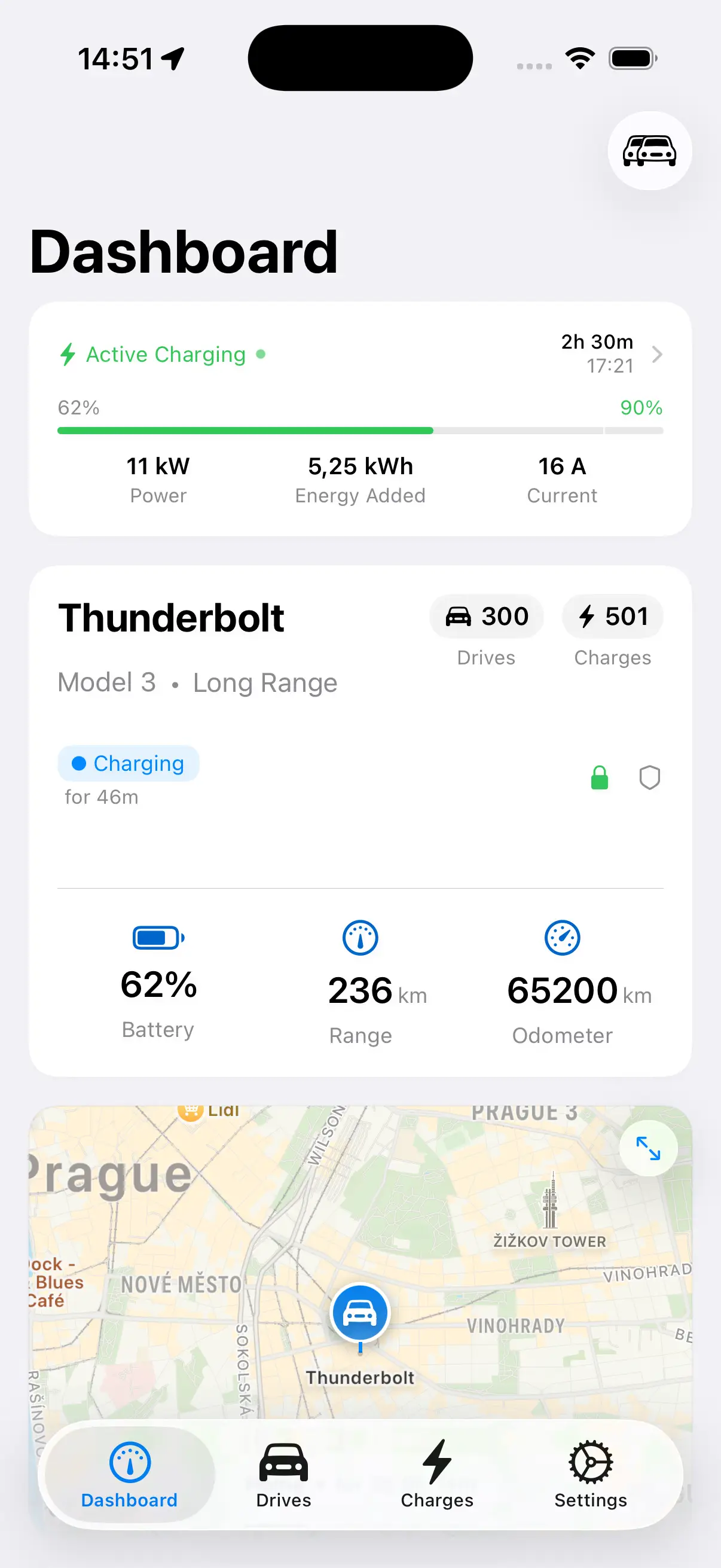 HedgieMate live charging session view showing real-time power output chart for Tesla