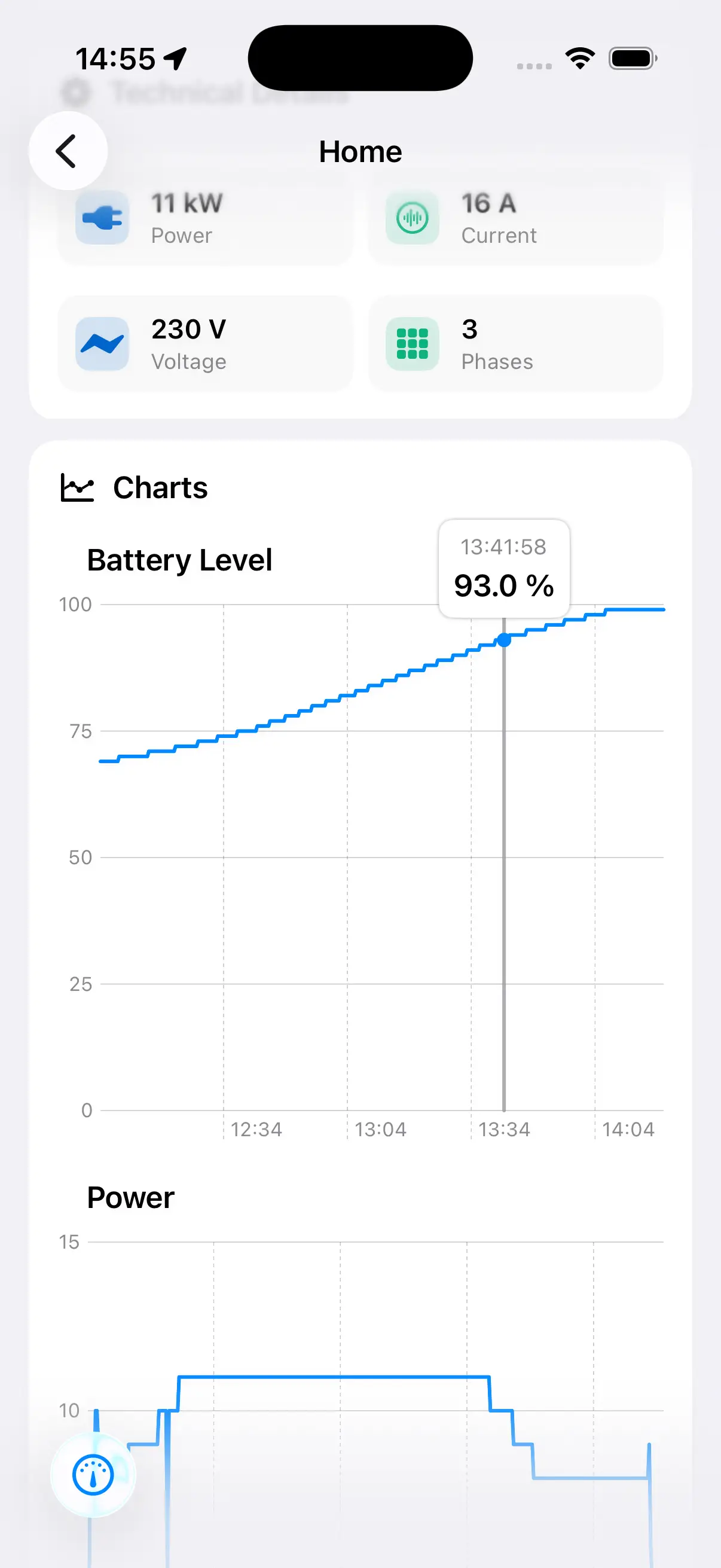 HedgieMate live charge monitoring displaying power and energy statistics during Tesla charging